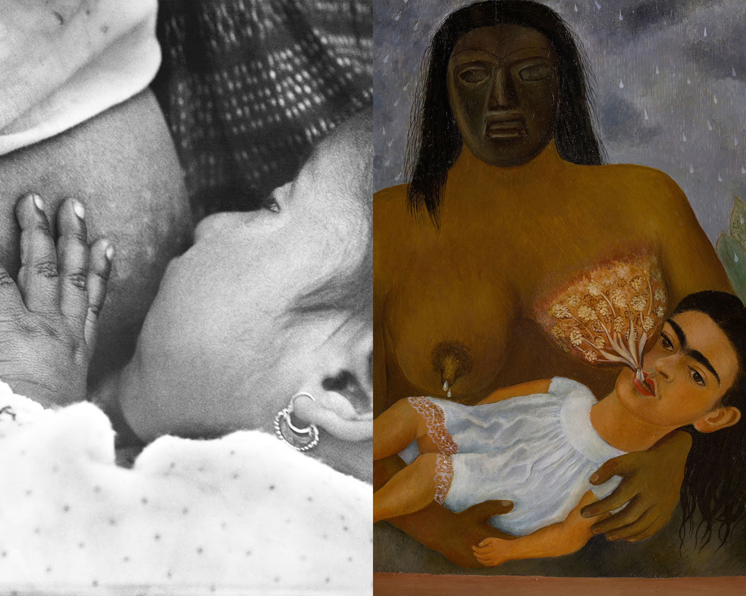 Due dettagli da "Baby nursing" di Tina Modotti e "Io e la mia balia" di Frida Kahlo